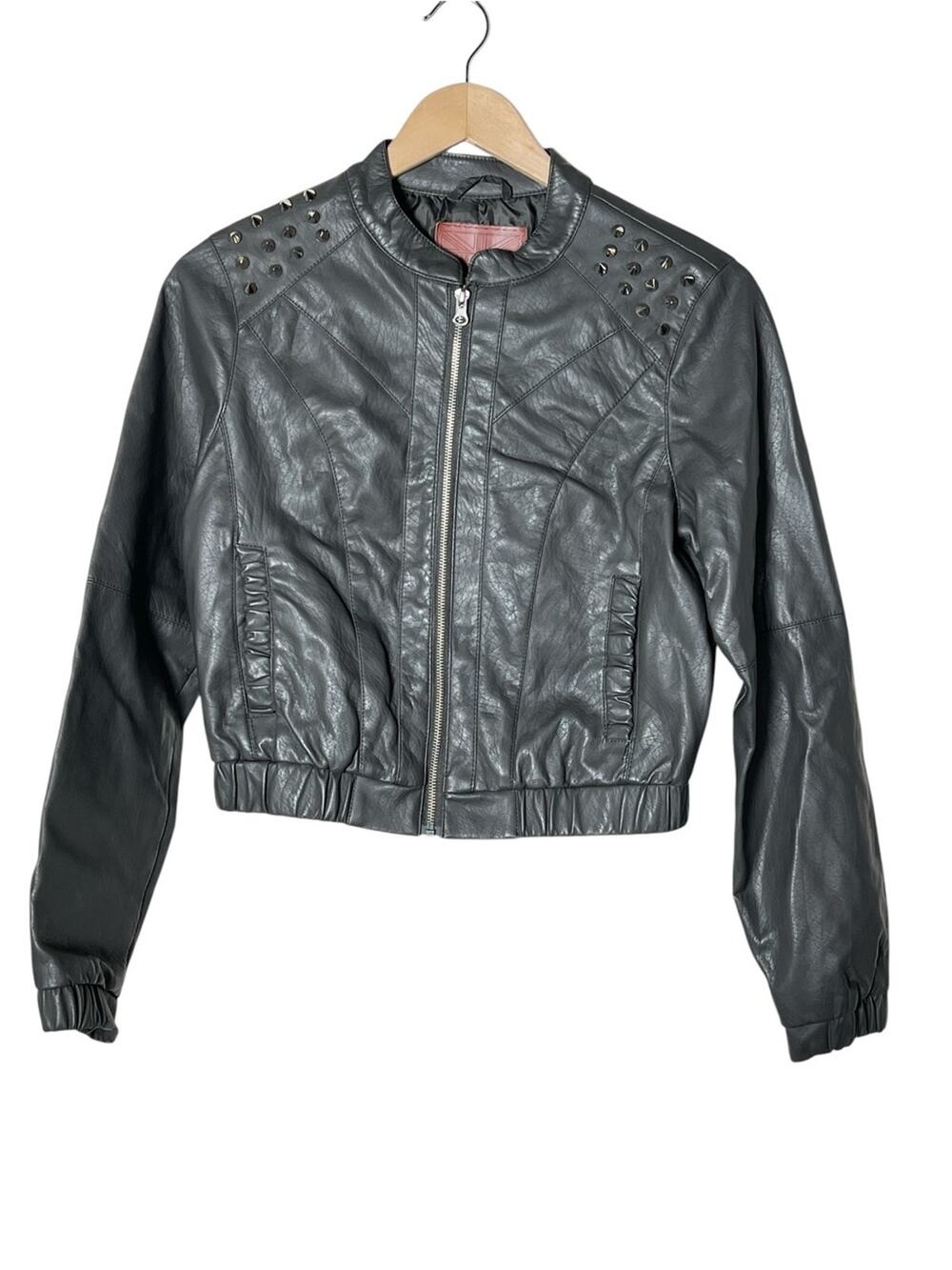 Miss London Studded Gray Faux Leather Bomber Jacket size medium M B87